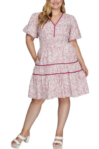 She + Sky Berry Printed V-Neck Puff Sleeve Tiered Dress