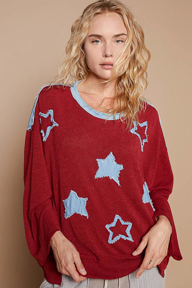 POL Dark Red Exposed Seam Relaxed Fit Sweater with Star Denim Patches DARK RED