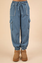 VERY J Indigo Washed Drawstring Jogger Cargo Jeans Indigo Trendsi