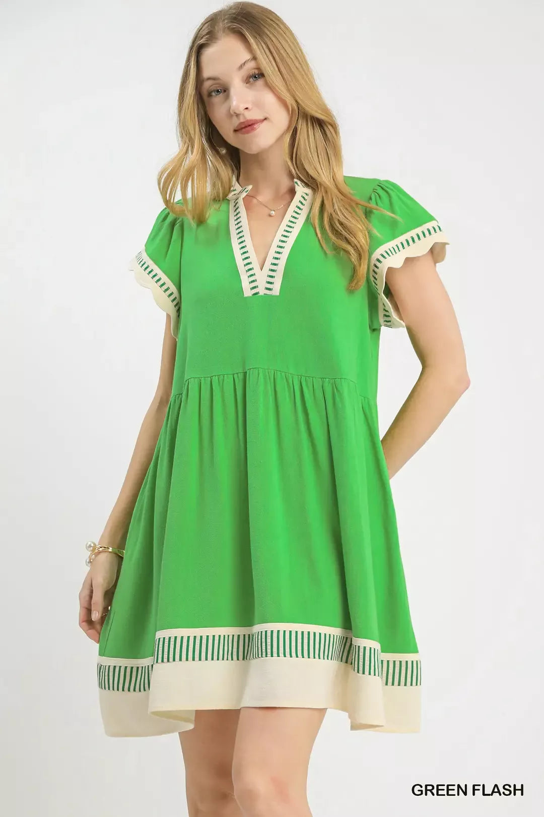 Umgee Green Linen Color Block Flutter Sleeve Dress GREEN FLASH