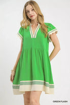 Umgee Green Linen Color Block Flutter Sleeve Dress GREEN FLASH