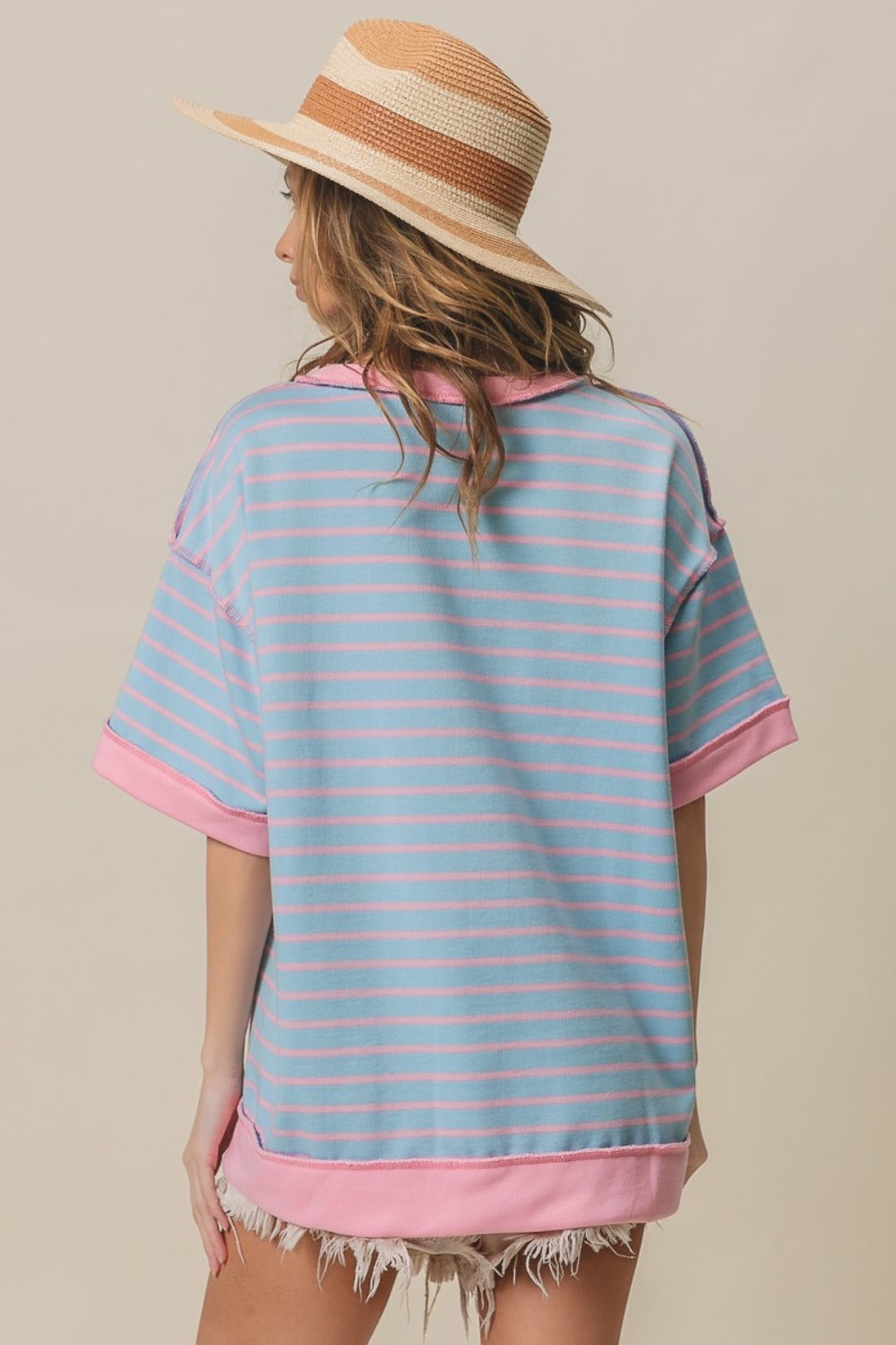 BiBi Light Blue Exposed Seam Stripe Contrast T-Shirt Trendsi