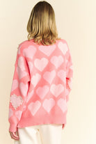 Davi & Dani Pink Heart Pearl Side Slit V Neck Sweater Trendsi