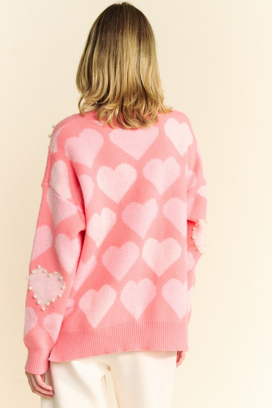 Davi & Dani Pink Heart Pearl Side Slit V Neck Sweater Trendsi