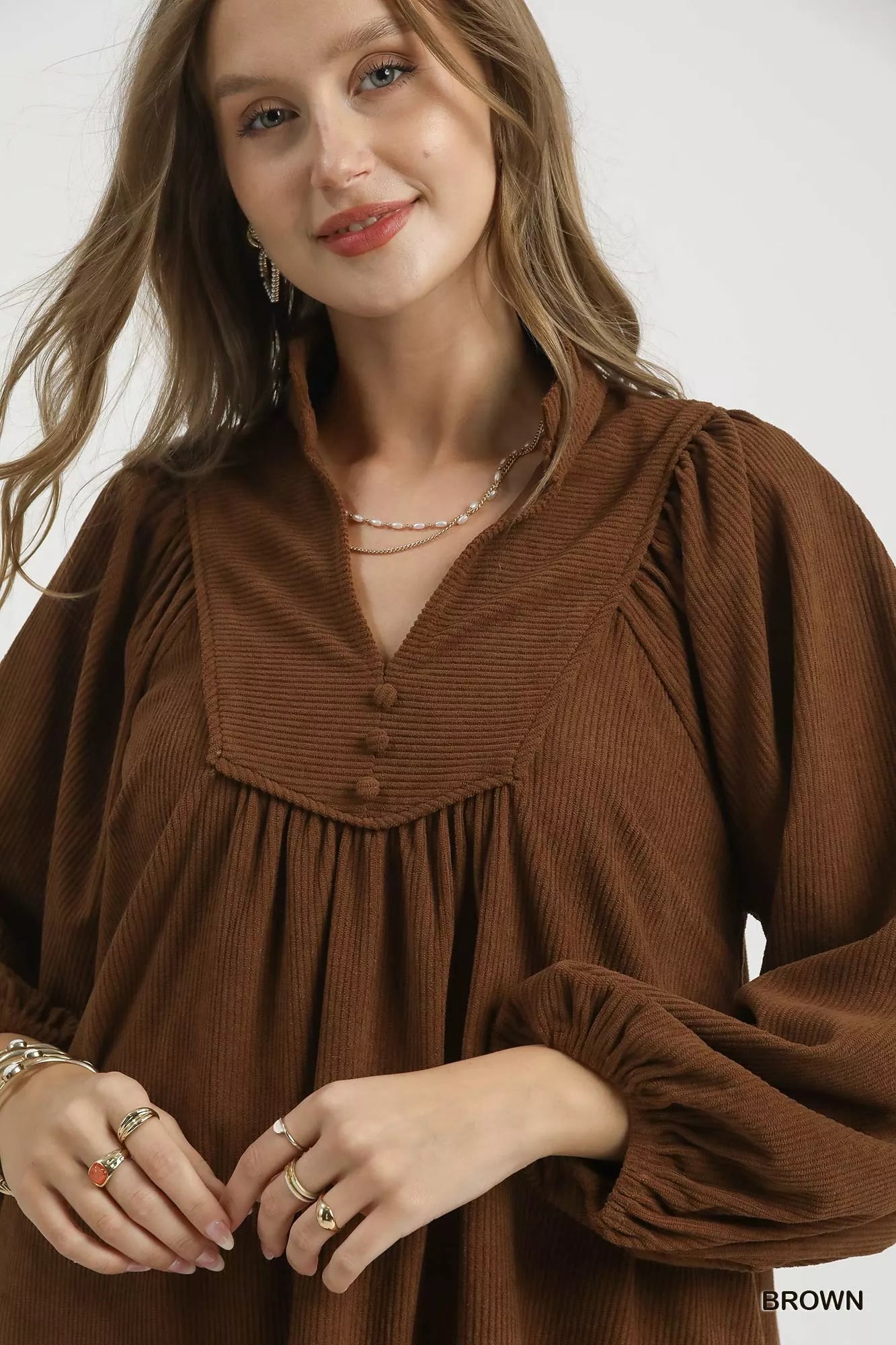 Umgee Brown Corduroy Tiered Babydoll Dress