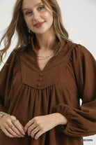 Umgee Brown Corduroy Tiered Babydoll Dress