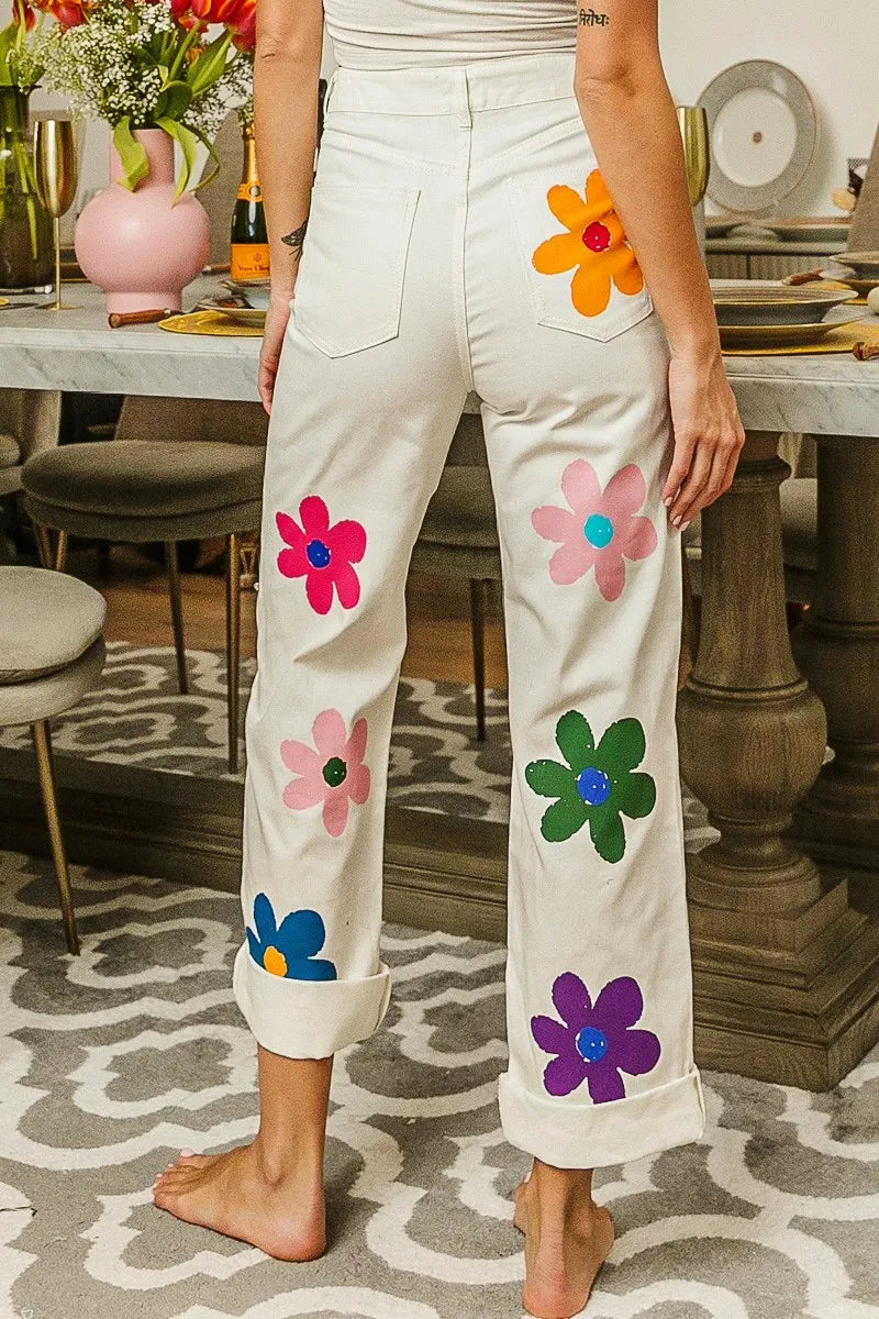 BiBi Off White Flower Print Straight Legs Pants
