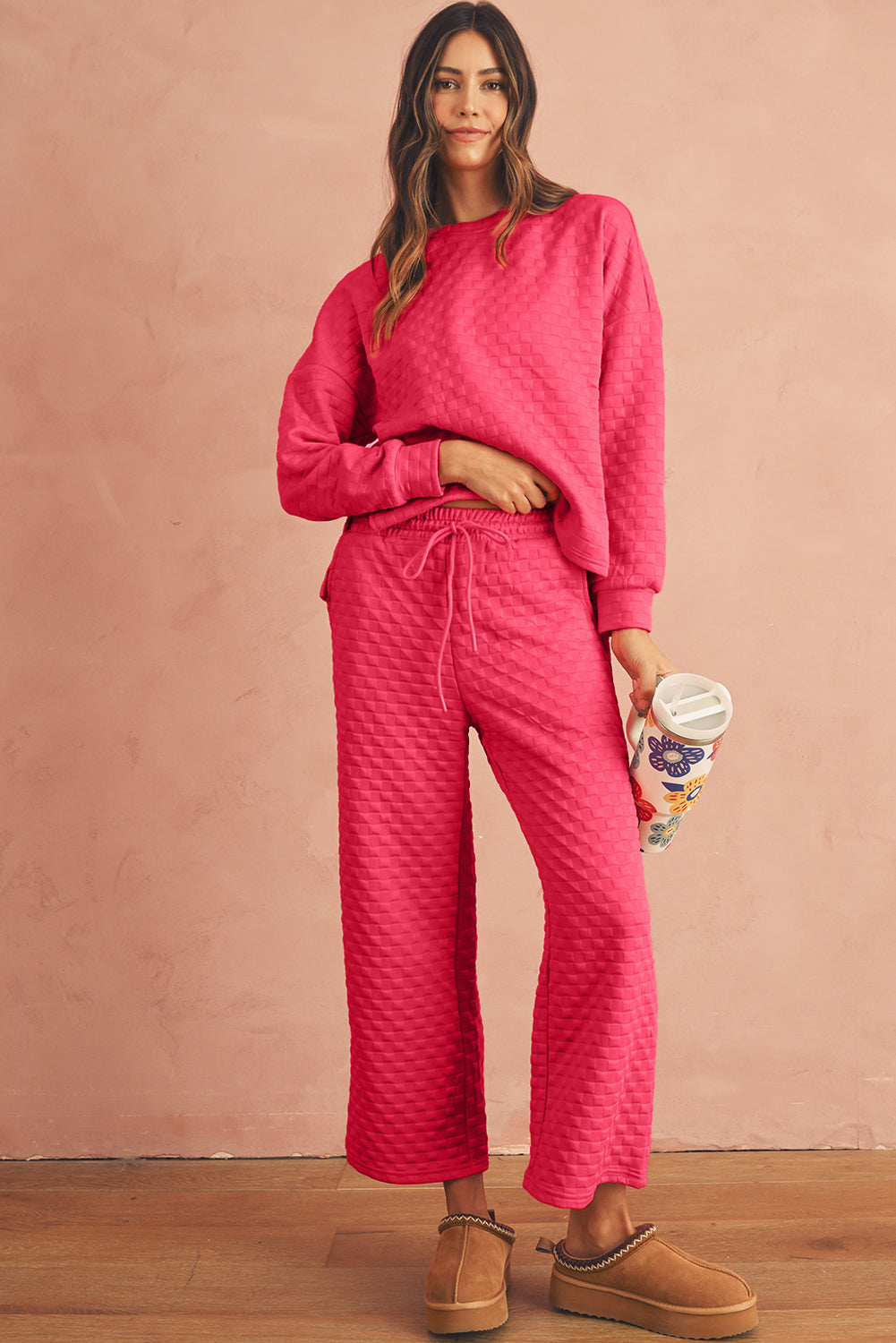 Strawberry Pink Checkered Textured Split Pullover Top and Pants Set Shewin