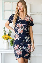 Heimish Navy Ruched Floral Asymmetrical Mini Dress