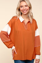 Haptics Rust Color Block Exposed Seam Long Sleeve Top Trendsi