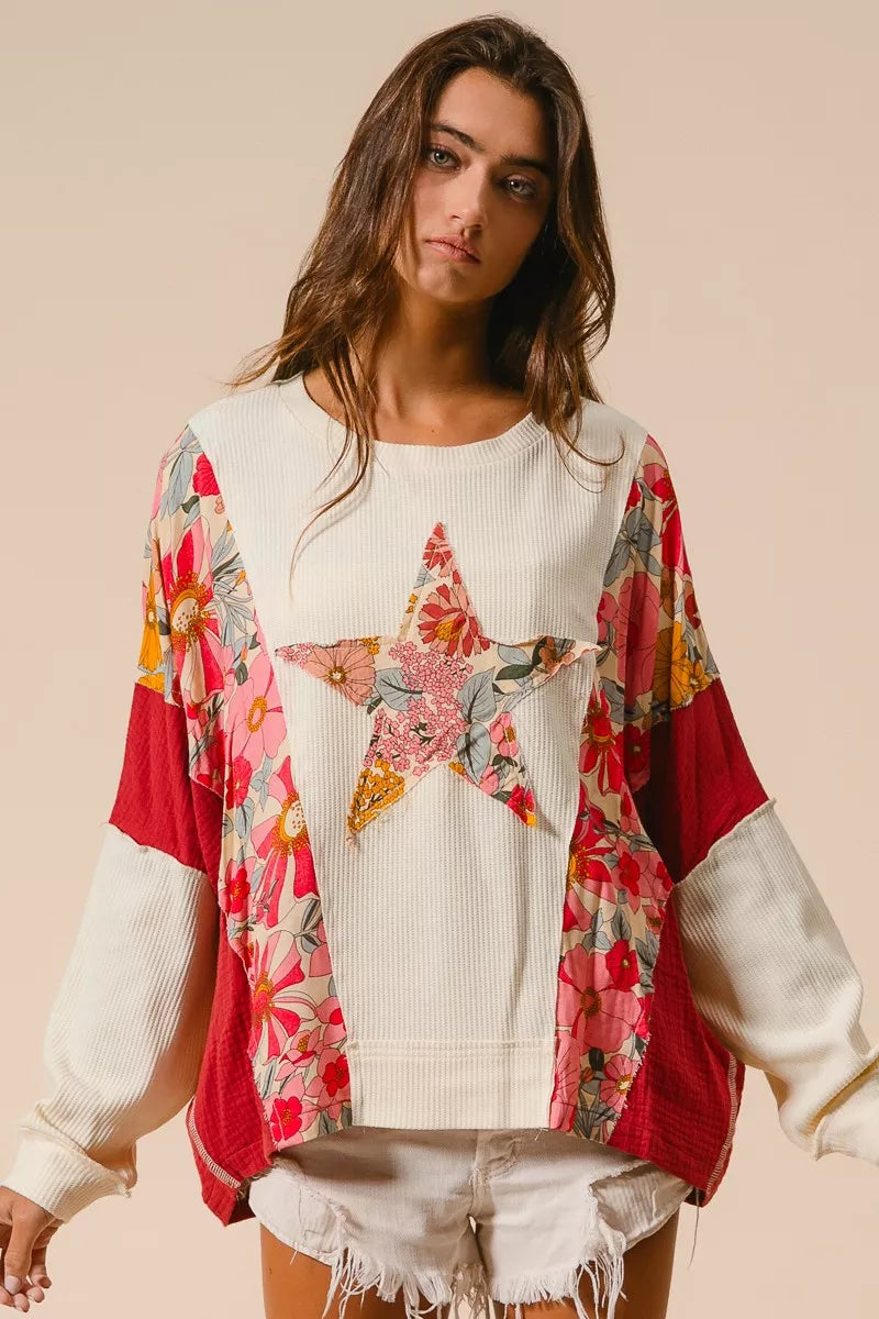 BiBi Floral Print Mixed Star Patch Round Neck Sweatshirt