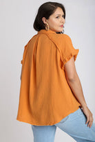 Umgee Tangerine Frayed Hem Collared Neck Short Sleeve Shirt