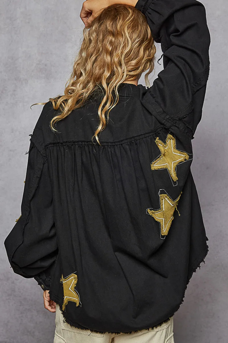 POL Black Star Patch Raw Hem Button Up Twill Denim Ballon Sleeve Jacket