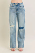 Judy Blue Waisted Distressed & Knee Patch Straight Jeans Medium