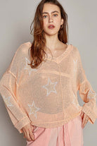 POL V-Neck Long Sleeve Star Print Knit Top Trendsi