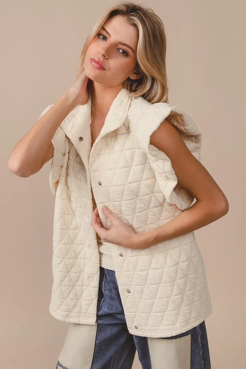 BiBi Oatmeal Quilting Knit Ruffle Sleeve Vest OATMEAL