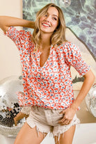 BiBi Floral Jacquard Smoked Puff Sleeves V Neck Top