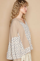 POL Waffle Knit Floral Notched Long Sleeve Top in Tan Shirts & Tops