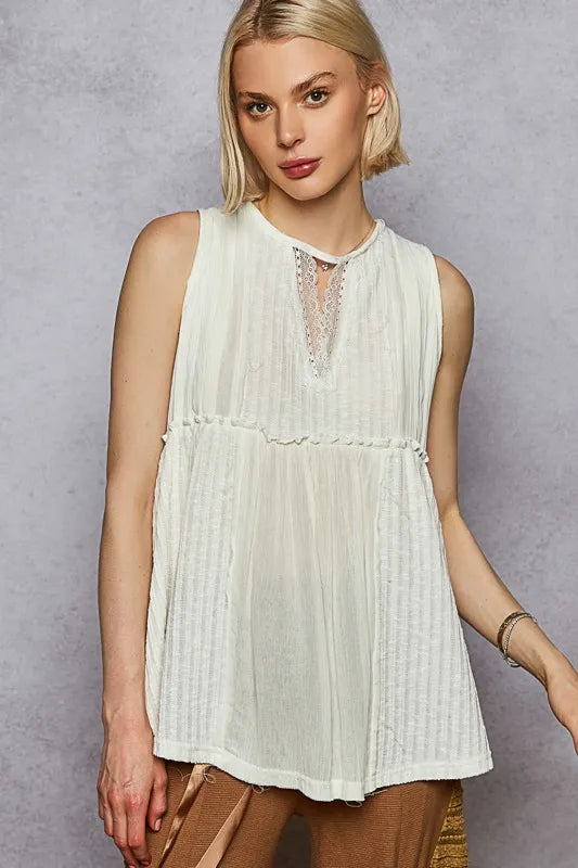 POL Lace Trim Round Neck Tank with Pintuck Detail White
