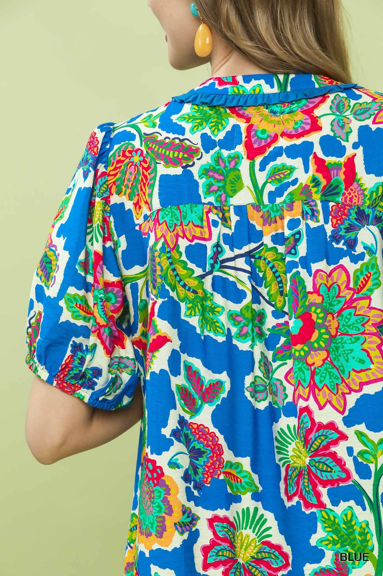 Umgee Blue Floral Contrast-Trim Boho Blouse