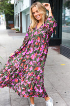 Haptics Go For It Forest & Lavender Floral Print Notched Neck Tiered Maxi Dress Haptics