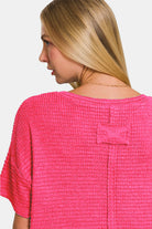Zenana Fuchsia Drop Shoulder Short Sleeve Jacquard Knit Top Trendsi