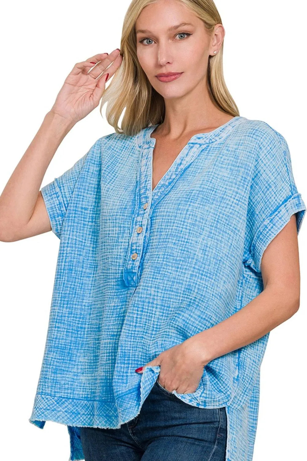 Zenana Deep Sky Washed Double Gauze 3/4 Button Henley Neck Shirt DEEP SKY