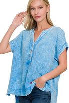 Zenana Deep Sky Washed Double Gauze 3/4 Button Henley Neck Shirt DEEP SKY