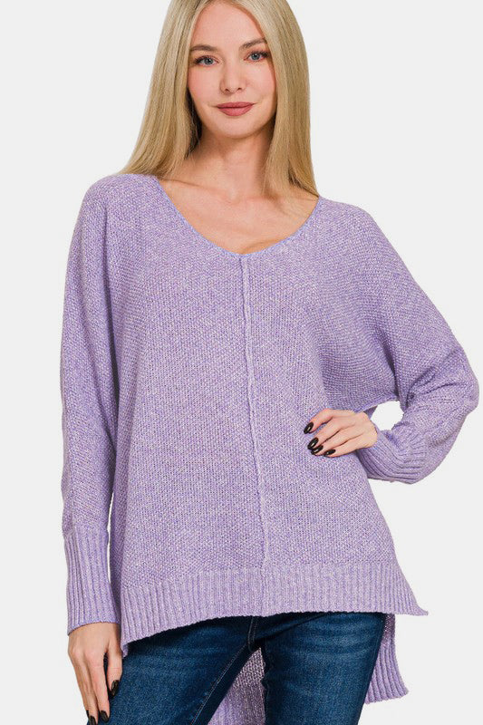 Zenana Lavender High-Low Center Seam V-Neck Sweater Lavender Shirts & Tops