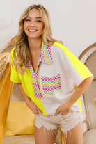 BiBi Neon Yellow Color Block Knit with Multi Checker Contrast Top