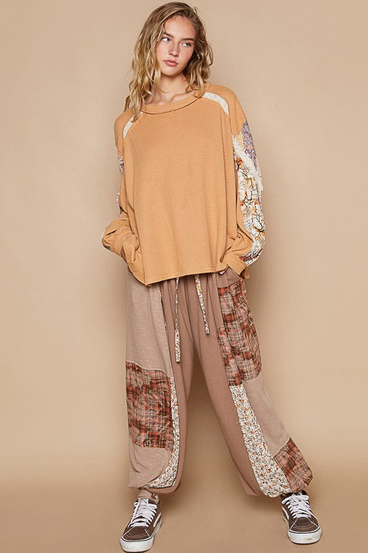 POL Sherbet Waffle-Knit Lace Detail Round Neck Top Shirts & Tops