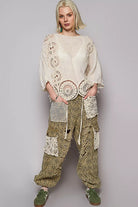 POL Natural Round Neck Crochet Top with Floral Embroidery Detail