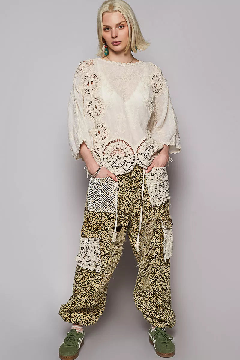 POL Natural Round Neck Crochet Top with Floral Embroidery Detail