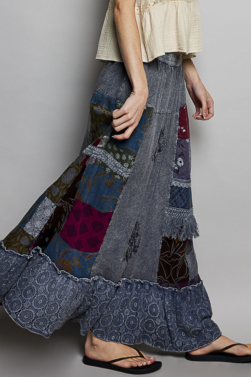 POL Charcoal Multi Printed Patchwork Embroidered Ruffled Bohemian Skirt