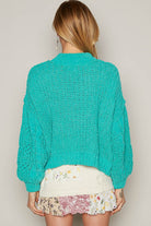 POL Jungle Green Mock Neck Chenille Cable Knit Balloon Sleeve Sweater Trendsi