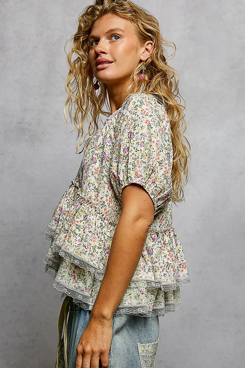 POL Floral Short Balloon Sleeve Ruffled Blouse