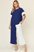 Double Take: 4 Colors: Quilted Textured Contrast Top and Wide Leg Pants Set Royal Blue Loungewear Set