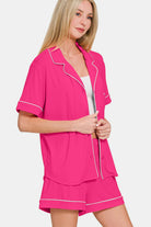 Zenana Hot Pink Button Down Short Sleeve Top and Shorts Lounge Set Loungewear