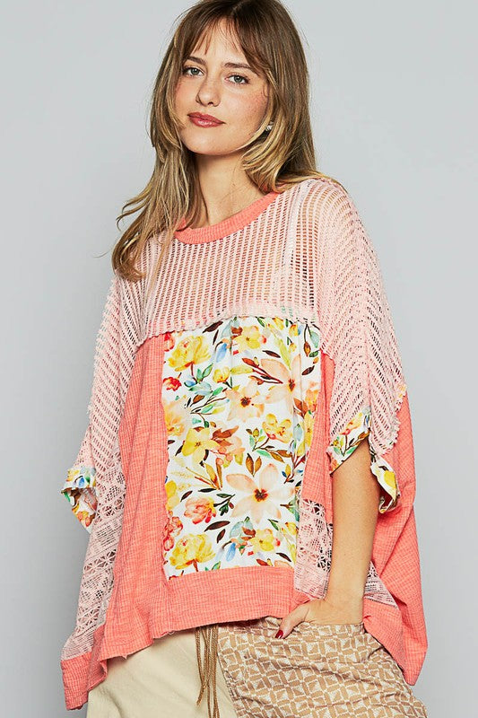 POL Coral Hollow Out Floral Half Sleeve Knit Top