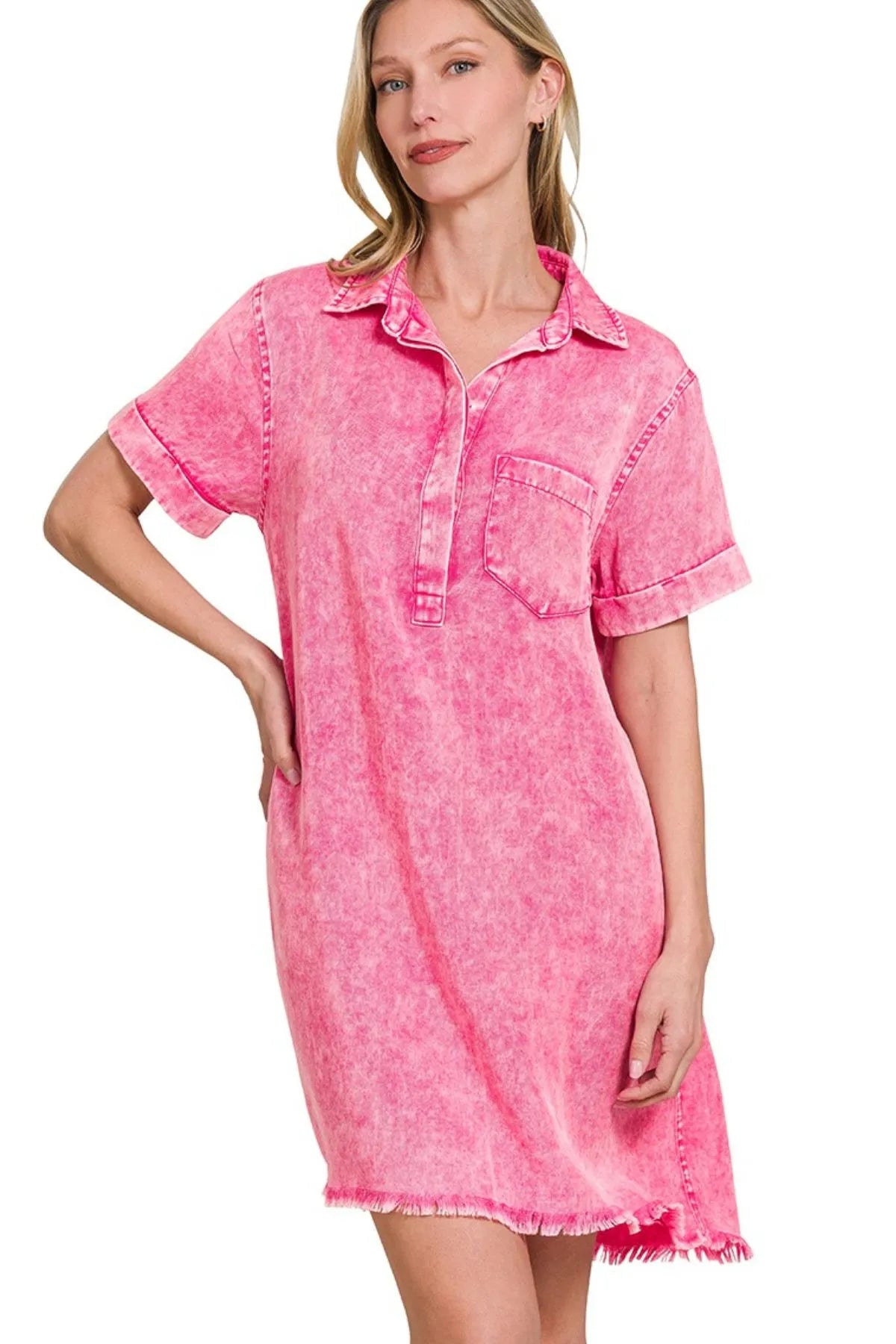 Zenana Hot Pink Tencel Mineral Washed Collared Shirts Dress HOT PINK