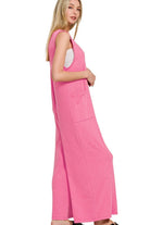 Zenana Fuchsia French Terry Deep V Neck Jumpsuits