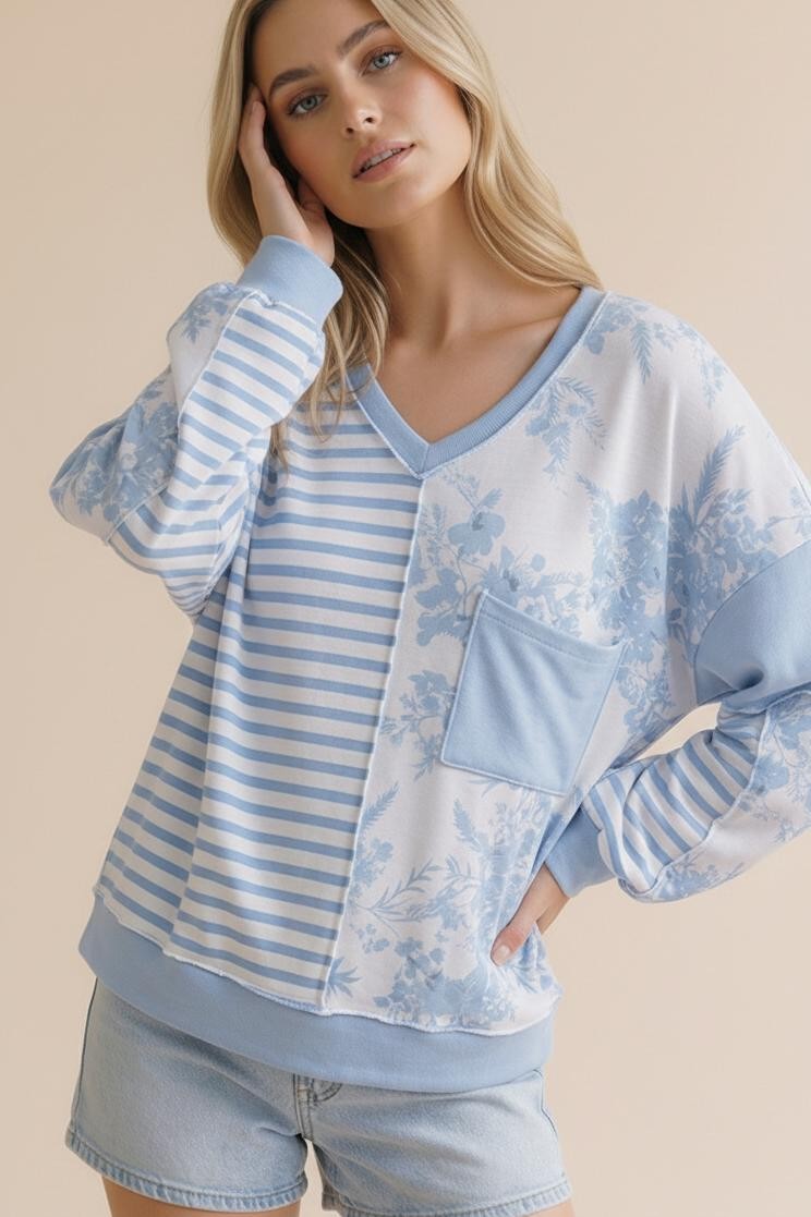 Haptics Light Blue & Oatmeal Floral + Stripe Color Block V-Neck Knit Top