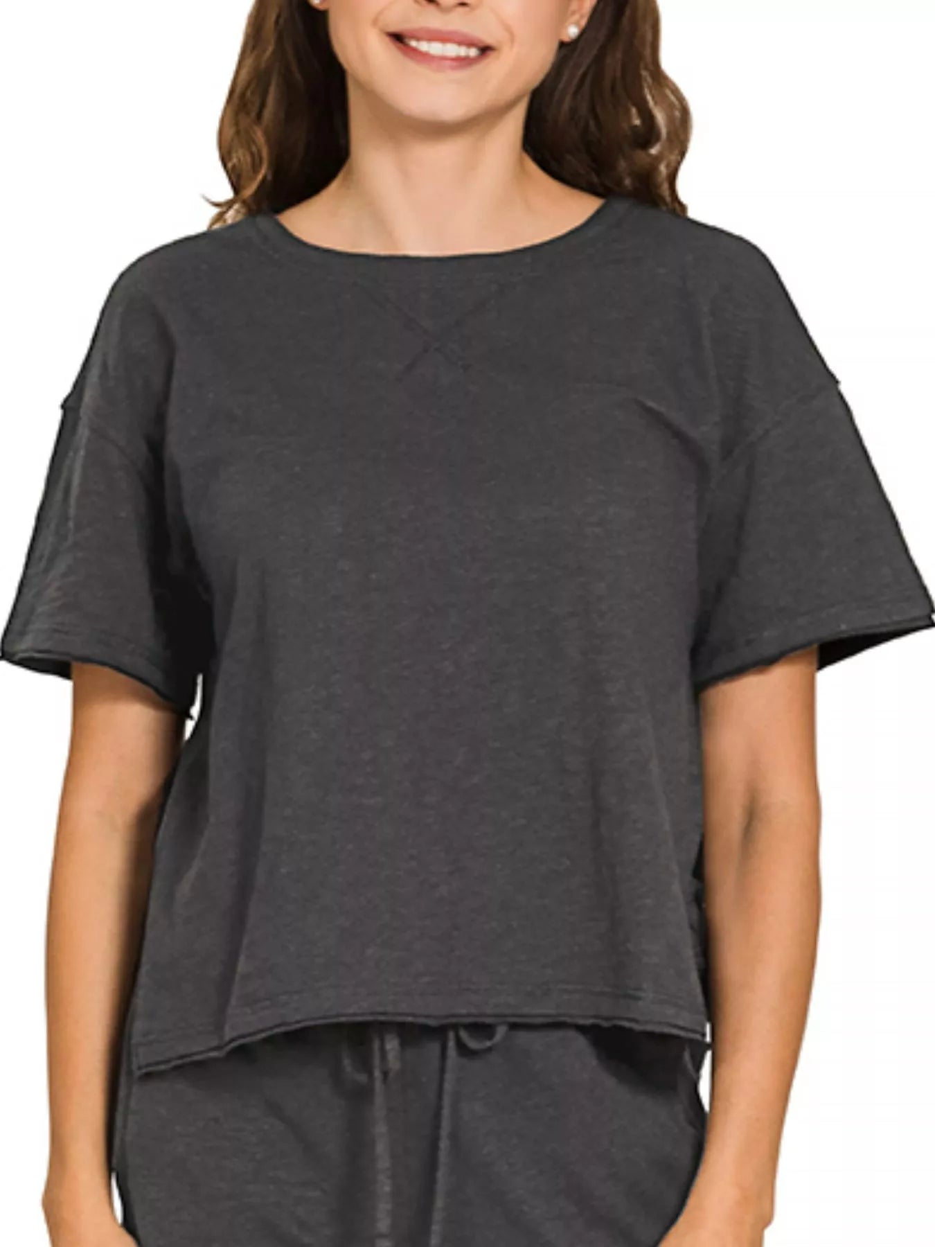 Zenana Black Cotton Slub Short Sleeve Tee and Pants Set