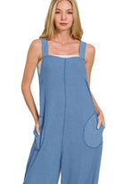 Zenana Dusty Blue Knit Waffle Wide Leg Overalls