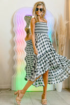 BiBi Black & Ivory Smocked Body Off Shoulder Check Dress