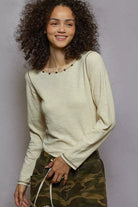 POL Cream Round Neck Long Sleeve Contrast Stitching T-Shirt with Stud Detail