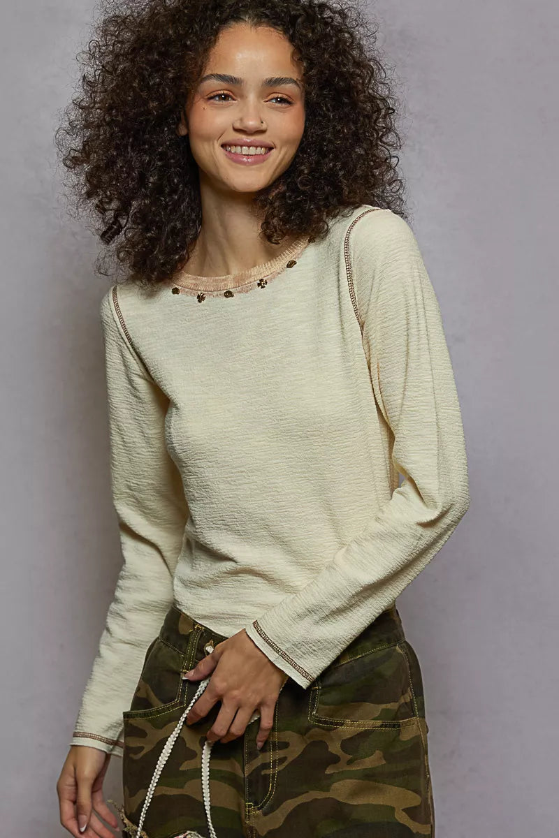 POL Cream Round Neck Long Sleeve Contrast Stitching T-Shirt with Stud Detail