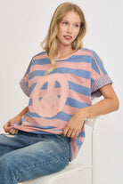 Umgee Washed Dusty Blue & Pink Peace Sign Patch Striped French Terry Top Dusty Blue Shirts & Tops