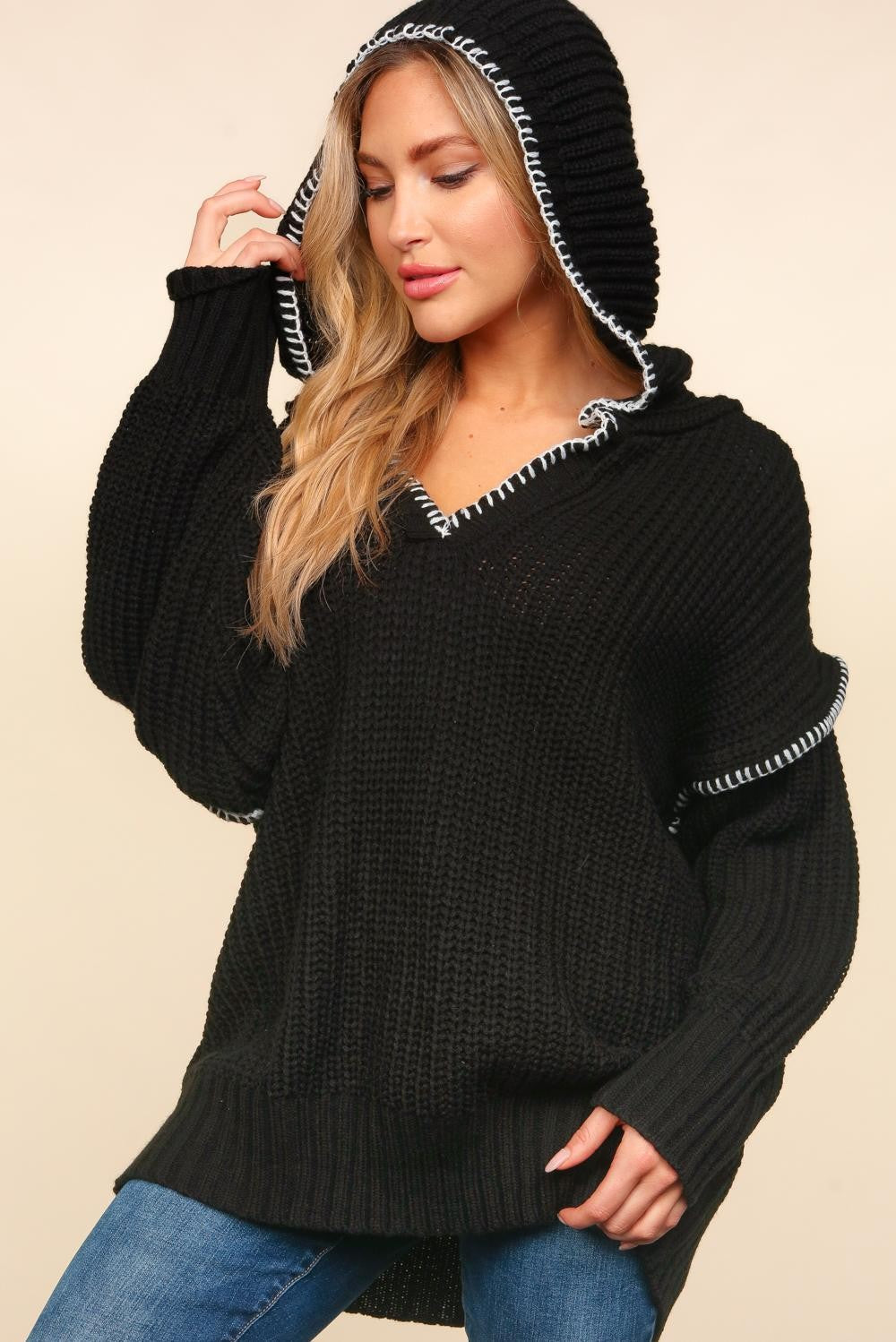 Notched Neck Long Sleeve Hooded Pullover Ave Shops