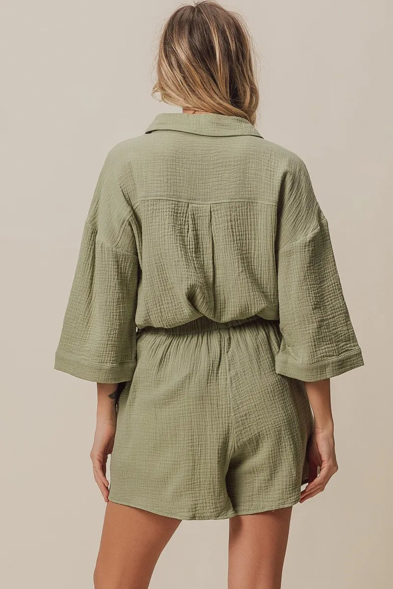 BiBi Sage Crinkle Gauze Shirt and Short Set
